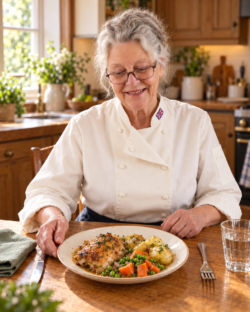 Shirley sitting down to a comforting dinner for one in her kitchen.